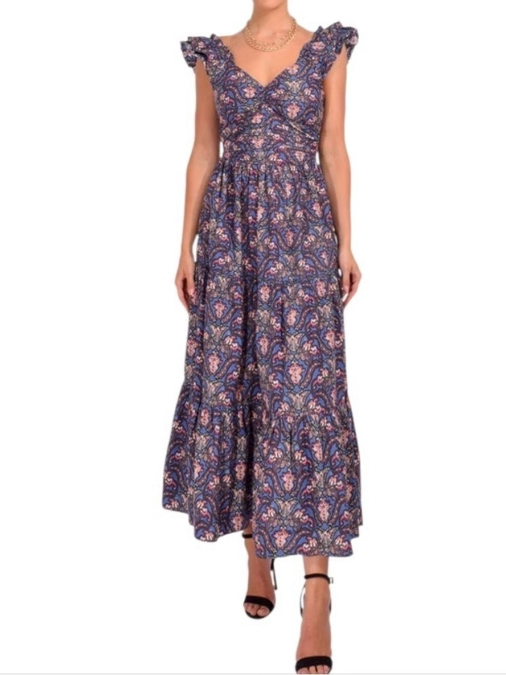 Caroline Constas Navy Floral V-Neck Ruffle Maxi Dress